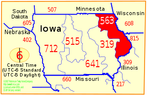 Numbering plan areas of Iowa with the red area indicating area code 563 Area code 563.svg