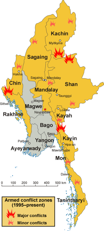 Map highlighting the current zones of conflict in Myanmar