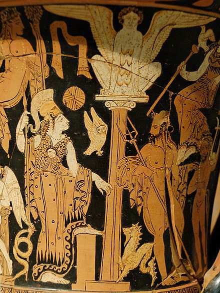 Athena and Poseidon on a volute krater by the Nazzano Painter, circa 360 BC. Paris: Louvre.