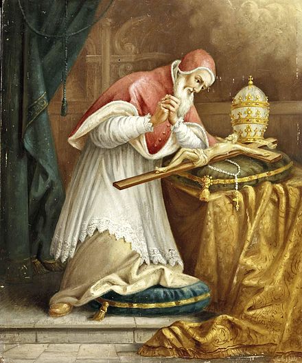 Pope Pius V praying with a crucifix, painting by August Kraus