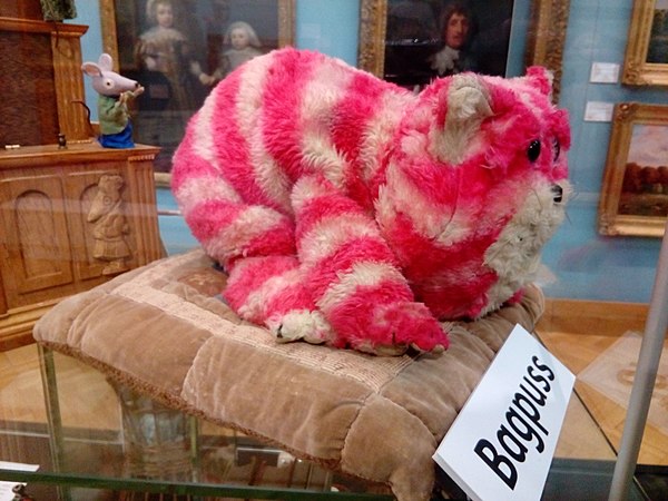 The original Bagpuss puppet in the Beaney House of Art and Knowledge in Canterbury, June 2018.