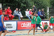 Deutsch: Beachhandball Europameisterschaften 2019 (Beach handball Euro); Tag 3: 4. Juli 2019 – Männer, Platzierungsrunde Gruppe IV, Rumänien-Portugal 2:0 (15:14, 25:24) English: Beach handball Euro; Day 3: 4 July 2019 – Men Consolation Round Group IV – Romania-Portugal 2:0 (15:14, 25:24)