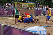 Deutsch: Beachhandball bei den Olympischen Jugendspielen 2018; Tag 7, 13. Oktober 2018; Jungen, Finale – Portugal-Spanien 1:2 English: Beach handball at the 2018 Summer Youth Olympics at 13 October 2018 – Boys Gold Medal Match – Portugal-Spain 1:2