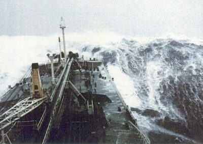 A ship in a force 12 ("hurricane-force") storm at sea, the highest rated on the Beaufort scale
