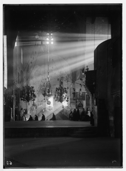 File:Bethlehem. Church of the Nativity. (Dark interior lit by sun rays) LOC matpc.05911.tif