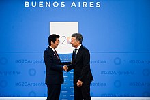 Japanese PM Shinzo Abe (left) and Argentine President Mauricio Macri on November 30, 2018. Bienvenida Oficial - Primer Ministro Shinzo Abe (32259117778).jpg