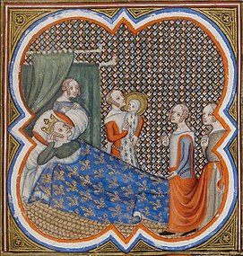 Enluminure représentant la naissance de Saint Louis. Blanche de Castille est alitée, entourée de trois femmes de chambre, dont l'une porte le nouveau-né auréolé.