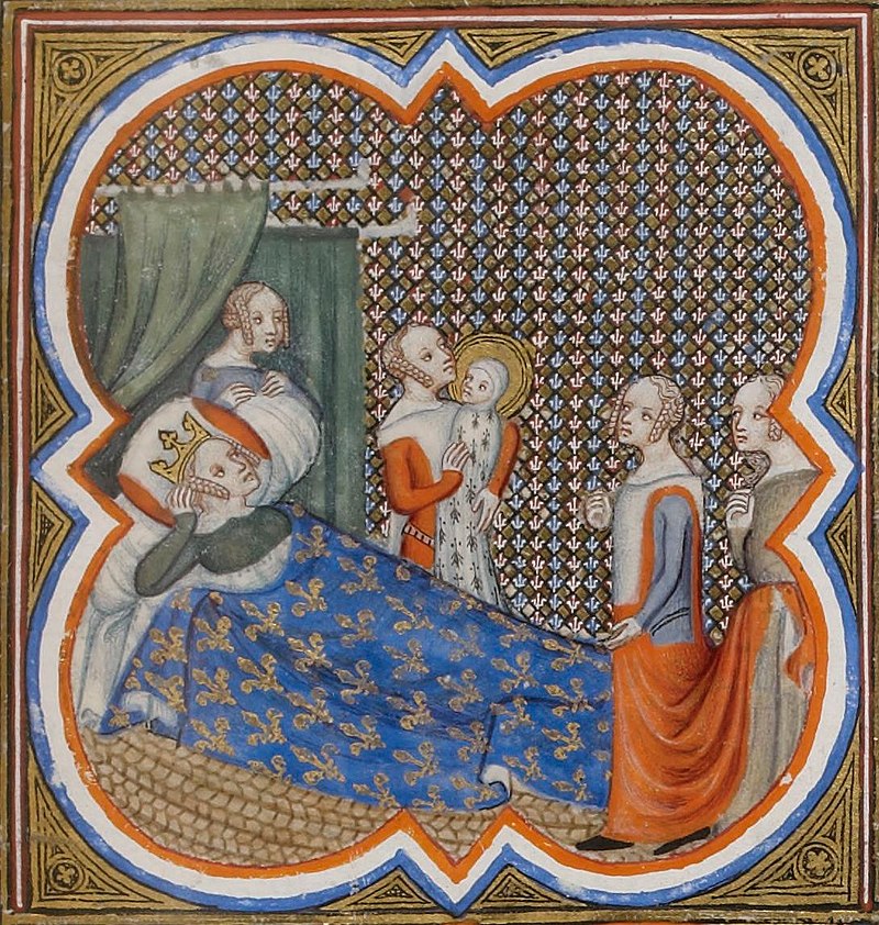 Enluminure représentant la naissance de Saint Louis. Blanche de Castille est alitée, entourée de trois femmes de chambre, dont l'une porte le nouveau-né auréolé.