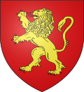 Wappen mit einem gelben, nach links gehenden Löwen, der seine rote Zunge ausstreckt. Der Untergrund ist rot.
