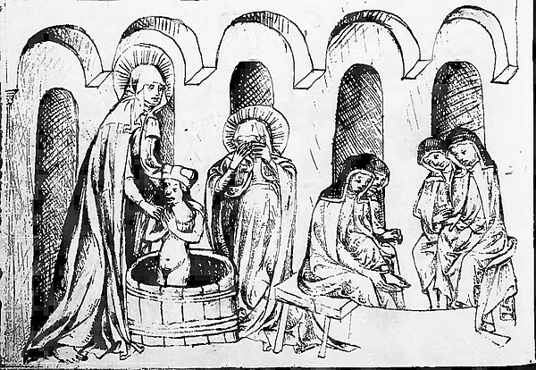 Hedwig of Andechs baptizing her grandson Bolesław II; Anne of Bohemia attending