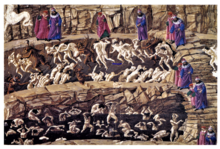 One of the few fully coloured pages of the Divine Comedy Illustrated by Botticelli, illustrating canto XVIII in the eighth circle of Hell.  Dante and Virgil descending through the ten chasms of the circle via a ridge.