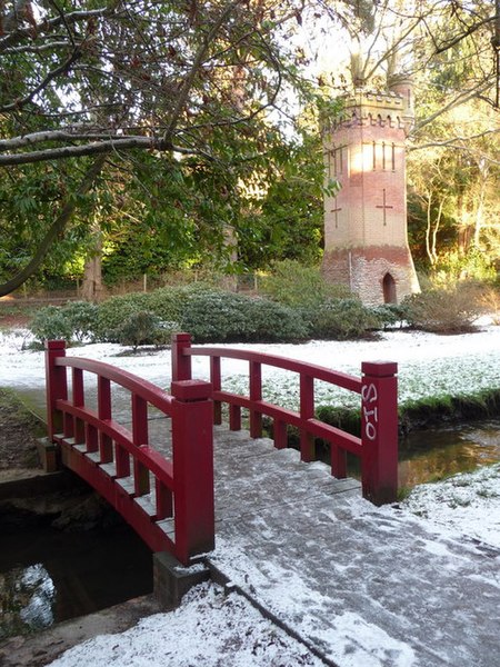 File:Bournemouth Gardens, red bridge and water tower - geograph.org.uk - 1654074.jpg