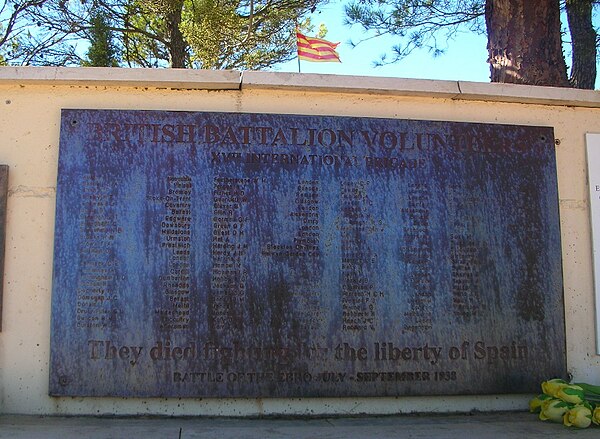 Bronze plaque honoring the British soldiers of the International Brigades who died defending the Spanish Republic at the monument on Hill 705, Serra d