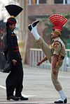 Ceremonial drill at the Attari-Wagah border; Indian Border Security Force on right, Pakistani Ranger on left