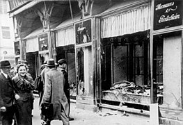 Kristallnacht (The Night of Broken Glass) aftermath in November 1938. Here Jewish shops were looted. Other buildings connected to Jewish residents, including Synagogs were also targeted.