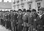 Mitglieder des Sudetendeutschen Freikorps treten auf dem Marktplatz von Niemes zur Begrüßung deutscher Truppen an