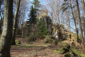 Burgruine Poppberg – Ansicht des Ringmauerturmes auf einem hohen Felskegel aus westlicher Richtung