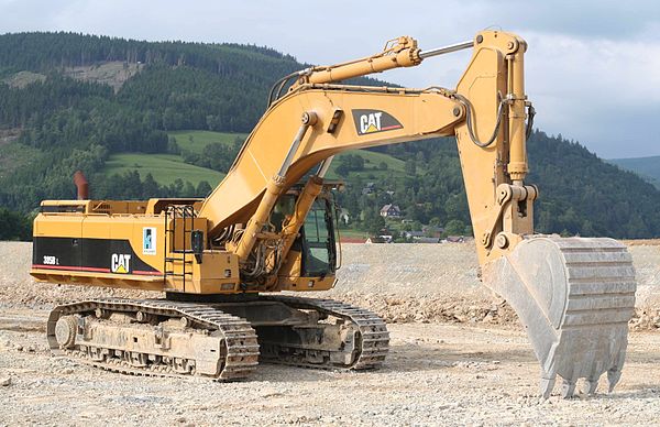 An excavator; main hydraulics: Boom cylinders, swing drive, cooler fan, and trackdrive