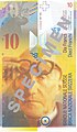 Le Corbusier on a Swiss ten francs banknote, 1997