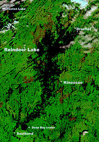 Location of Southend on a NASA satellite map of Reindeer Lake