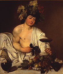 Peinture d'un jeune homme allongé, habillé en Bacchus, tenant un verre de vin.
