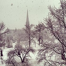 A view of the Cathedral of the Incarnation from the Bishop's Mansion in a snowstorm Cathedral Property - Winter, 2013.jpg