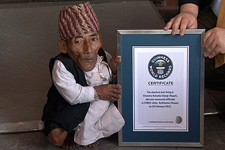 At just 54.6 cm (21.5 in), Nepalese-born Chandra Bahadur Dangi was, at the time of his death in 2015, the world's shortest person ever verified.