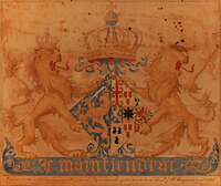 Coat of Arms Supported by Lions label QS:Len,"Coat of Arms Supported by Lions" label QS:Lnl,"Wapen met staande leeuwen" . 1879. pencil and watercolor on paper. 44,7 × 50 см. Roermond, Cuypershuis.