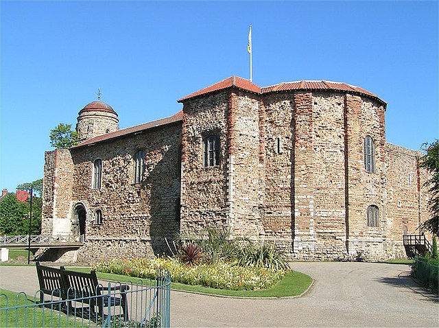 The Norman keep at Colchester Castle in Essex, built in a Romanesque style on the foundations of a Roman temple