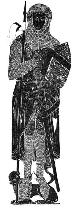 Fig. 23.—Brass of Sir John D'Aubernoun at Stoke D'Abernon. Arms: Azure, a chevron or. (From a rubbing by Walter J. Kaye.)