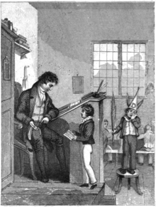 1828 engraving showing a boy standing on a stool wearing a dunce cap with the ears of an ass. Contrast a child that's good with one who hates his book and school.png