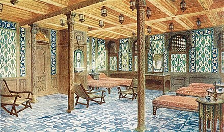 Cool Room in the Turkish Baths on the RMS Olympic Cool Room of the Turkish Baths, RMS Olympic.jpg
