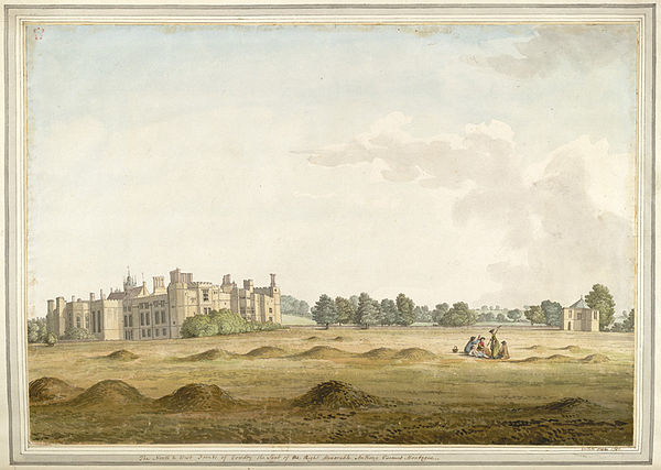 Cowdray House by Samuel Hieronymus Grimm 1781, from site of modern Polo Ground. St. Ann's Hill is in background, just to right of the House.