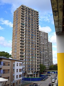 The three tower blocks of the Crossways Estate in Bow, London, United Kingdom, before their refurbishment Crossways Estate.jpg