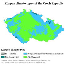 Koppen climate classification types of the Czech Republic using the -3 degC isotherm
Humid continental climate
Oceanic climate
Subarctic climate Czech Republic Koppen.svg