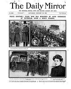 Four photographs under the newspaper's title. The pictures show: 1. The commissioner of police and a minister in the Home Office. 2 and 3. The hearse being loaded and in procession. 4. Constance Tyler's widow.