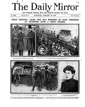 The Daily Mirror front page reporting the funeral of PC William Tyler, the Metropolitan Police officer killed during the Tottenham Outrage, 1909 Daily Mirror - 30 Jan 1909 - Page 1.jpg