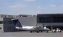 The Wilkes-Barre/Scranton International Airport in Pittston Township. De Havilland Canada DHC-8-200 (Continental Connection) KAVP.jpg