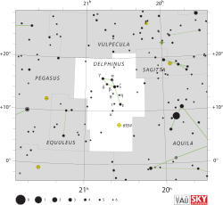 Diagrama mostrando as posições das estrelas e os limites da constelação de Delphinus e seus arredores.  Delta Delphinus está circulado.