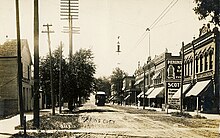 Downtown Marine City with interurban car, which traveled to Detroit. Early 20th century. Downtown Marine City.jpg