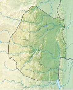 Mapa konturowa Eswatini, blisko centrum na lewo u góry znajduje się czarny trójkącik z opisem „Sibebe”