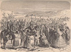 The population of Guadalajara welcomes General Bazaine as he is entering the city.