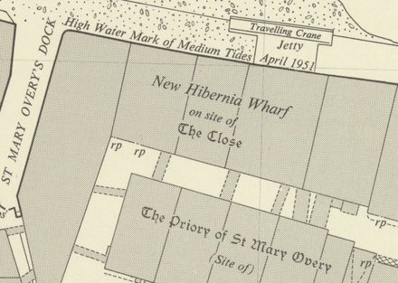 An extract from the Ordnance Survey 1:1,250 map of London sheet TQ3280SE published 1952 showing New Hibernia Wharf and environs Extract from OS 1 to 1250 map of London (TQ3280SE) 1952.png