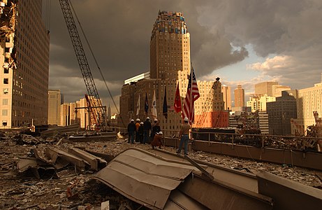 2001 Debris on surrounding roofs at the site of the World Trade Center on September 28.