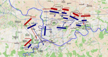 The battle of Fleurus, 8-10am. On the left, Montaigu's division has been pushed back across the Sambre with Waldeck in hot pursuit. Daurier's brigade is holding the heights of l'Espinette against Prince Frederic. On the right, the withdrawal of Marceau's vanguard forces Lefebvre's, Championnet's and Morlot's divisions to give ground in turn, as their right flanks are successively exposed by the neighbouring division. Fleurus8-10am.png