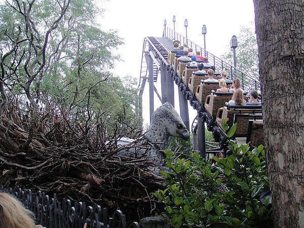 An animatronic Hippogriff in the nest on the left side of the lift hill of the roller coaster Flight of the Hippogriff in Orlando, Florida