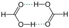 Cyclic dimer of formic acid; dashed green lines represent hydrogen bonds Formic Acid Hydrogenbridge V.1.svg