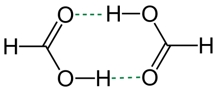 Cyclic dimer of formic acid; dashed green lines represent hydrogen bonds