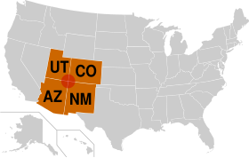 La región de las Cuatro Esquinas está resaltada en este mapa: Utah al noroeste, Colorado al noreste, Arizona al suroeste y Nuevo México al sureste.