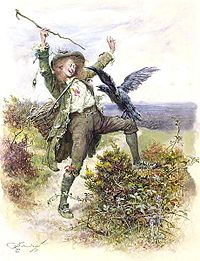 Barnaby Rudge och korpen Grip. Illustration av Fred Barnard.
